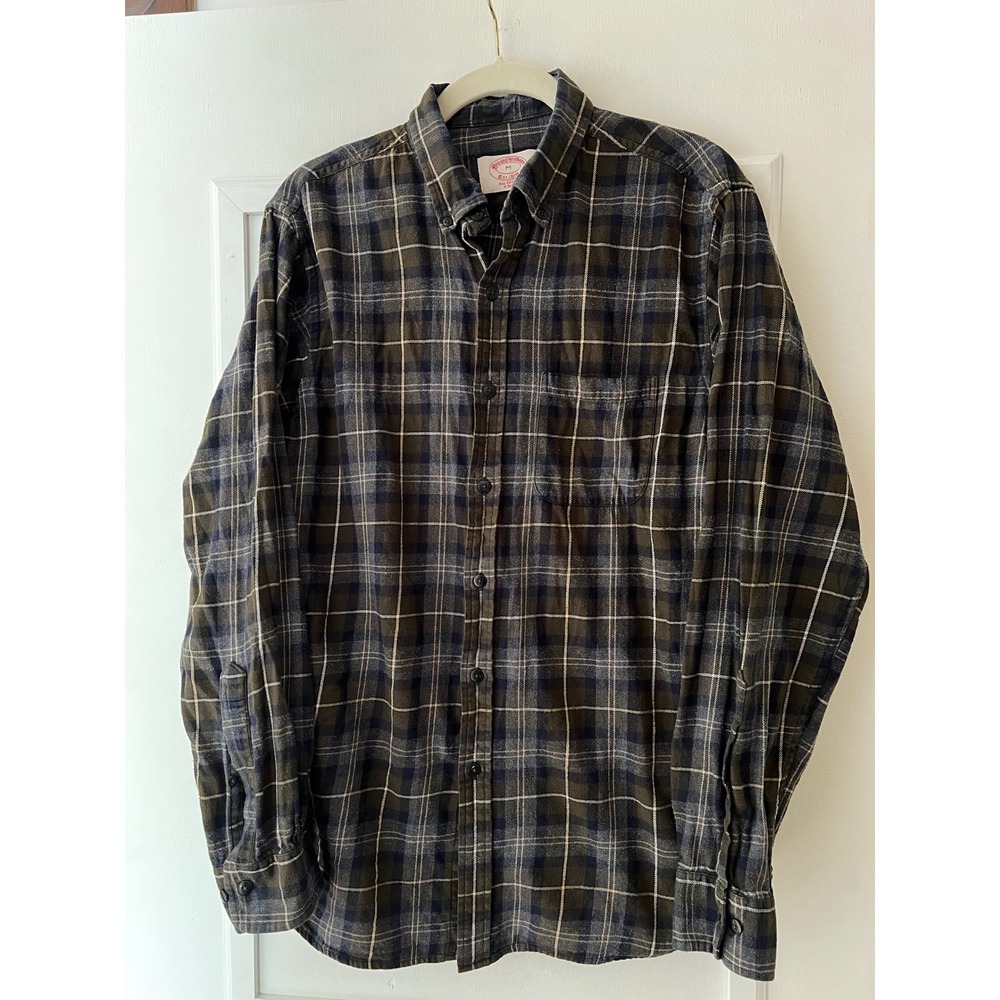Brooks Brothers Mens M X Slim Fit Flannel Shirt Plaid Cotton Olive Green Navy